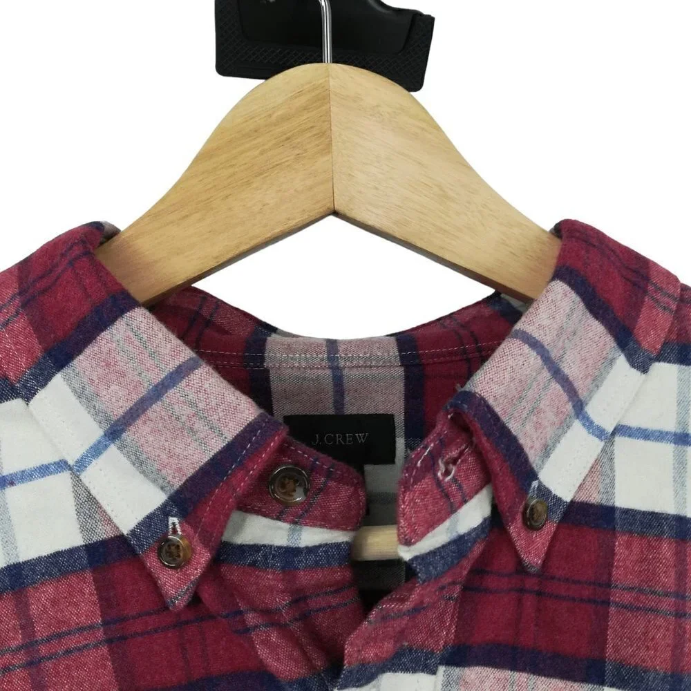 J Crew Flannel Plaid Chamois Elbow Patch Button Up Shirt Size L Red Blue Preppy